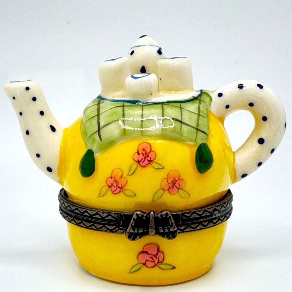 Miniature Yellow Teapot Hinged Trinket Box With Hand-Painted Floral Design & Pol